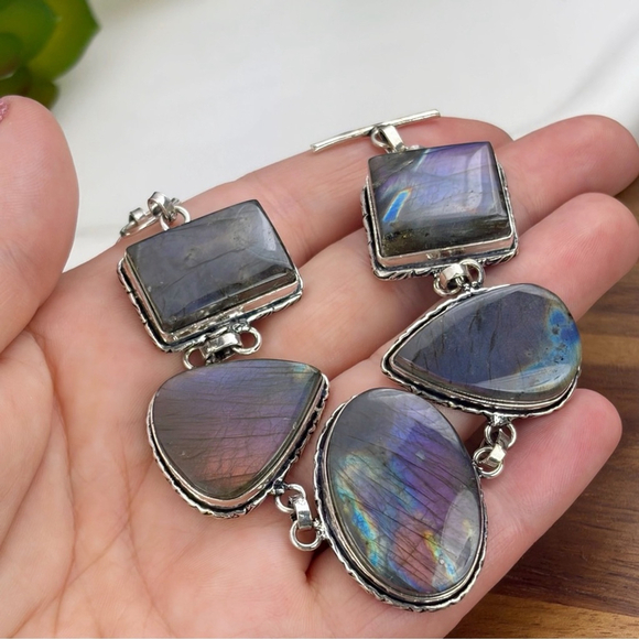 Natural Purple Labradorite Chunky Bracelet Boho New 925 Sterling Silver Overlay - Picture 4 of 11